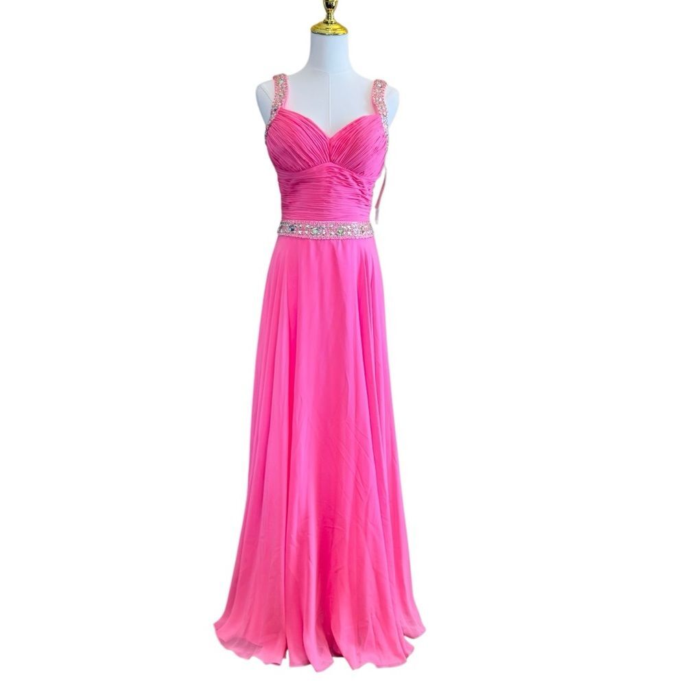 NWD WOW! Bright Pink Beaded Chiffon Pageant Prom Dress Gown Sleeveless Women’s 8